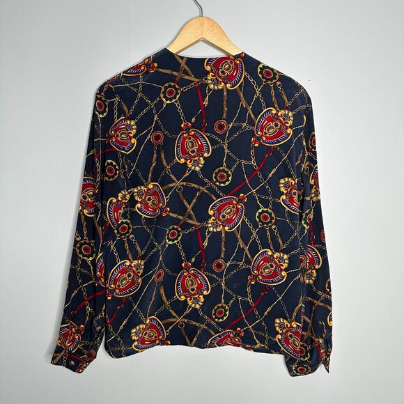 Talbot's Women's Vintage Abstract Print Navy Silk Button Front Blouse Size 4 - Picture 5 of 6